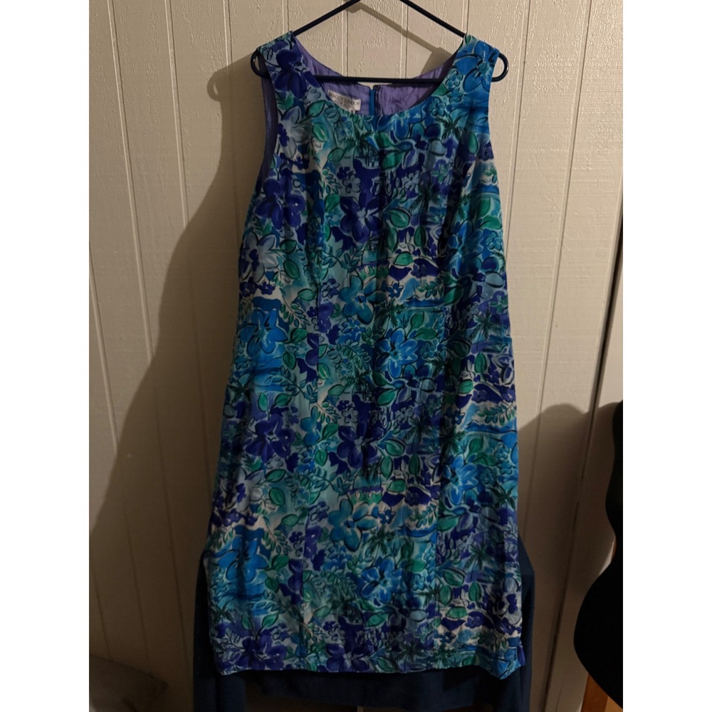 Maggy London Woman Vintage 100% Silk Floral Sheath Dress Blue Purple Size 18